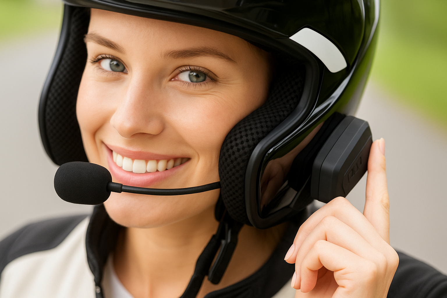 Giovane donna sorridente con casco da moto nero e interfono Zazzamilo, mentre parla tramite microfono integrato.